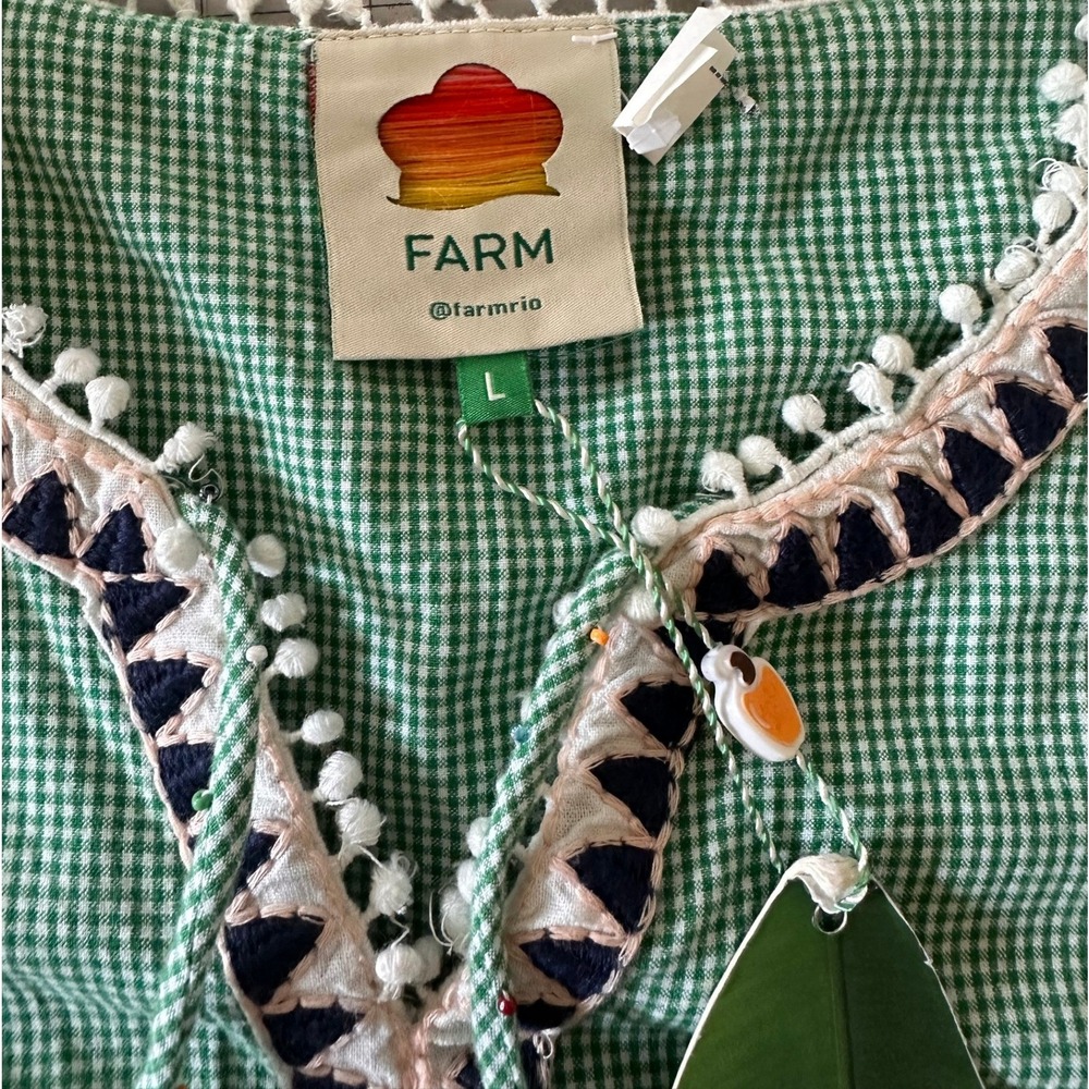 Farm Rio Palm Tree NWT Embroidered Maxi Dress L White Green Gingham Boho Linen - Picture 8 of 16